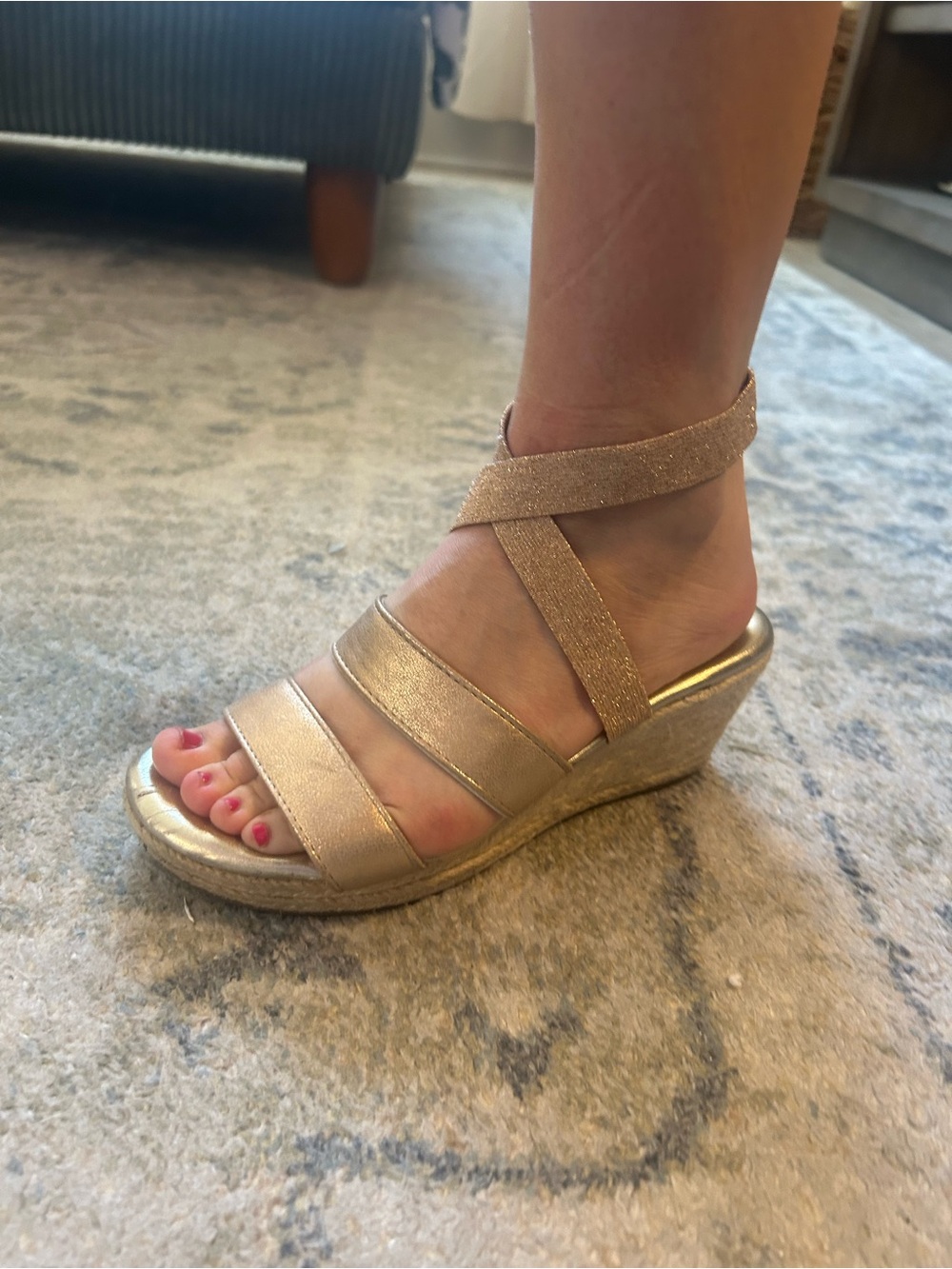 Kenneth Cole Reaction Metallic Gold Girls' Wedge Sandal with Ankle Wrap